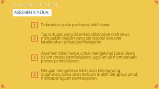 Dengan mengetahui lebih dulu kriteria yang
digunakan, siswa akan terbuka & aktif berupaya untuk
mencapai tujuan pembelajaran.
ASESMEN KINERJA:
1 Didasarkan pada partisipasi aktif siswa.
Tugas-tugas yang diberikan/dikerjakan oleh siswa
merupakan bagian yang tak terpisahkan dari
keseluruhan proses pembelajaran.
Asesmen tidak hanya untuk mengetahui posisi siswa
dalam proses pembelajaran, juga untuk memperbaiki
proses pembelajaran.
2
3
4
4 A S U M S I P O K O K
 