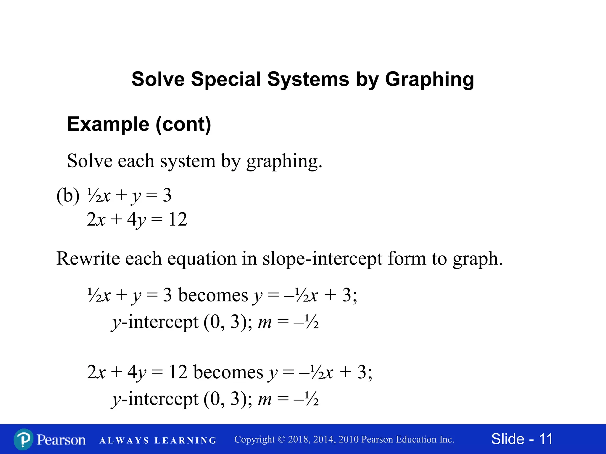 Slide - 11Copyright © 2018, 2014, 2010 Pearson Education Inc.A L W A Y S L E A R N I N G
Example (cont)
Solve each system by graphing.
(b) ½x + y = 3
2x + 4y = 12
½x + y = 3 becomes y = –½x + 3;
y-intercept (0, 3); m = –½
Solve Special Systems by Graphing
Rewrite each equation in slope-intercept form to graph.
2x + 4y = 12 becomes y = –½x + 3;
y-intercept (0, 3); m = –½
 