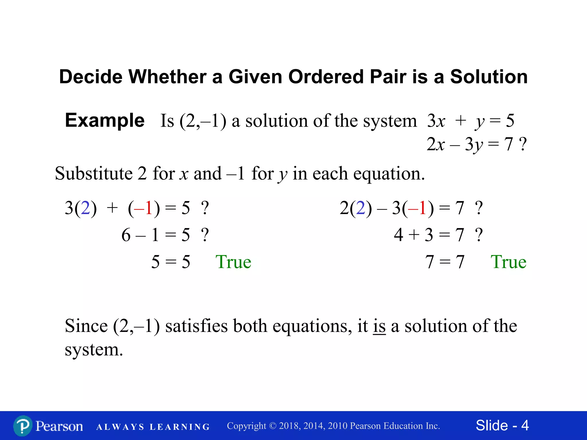 Slide - 4Copyright © 2018, 2014, 2010 Pearson Education Inc.A L W A Y S L E A R N I N G
Example Is (2,–1) a solution of the system 3x + y = 5
2x – 3y = 7 ?
Substitute 2 for x and –1 for y in each equation.
Decide Whether a Given Ordered Pair is a Solution
3(2) + (–1) = 5 ?
6 – 1 = 5 ?
5 = 5 True
2(2) – 3(–1) = 7 ?
4 + 3 = 7 ?
7 = 7 True
Since (2,–1) satisfies both equations, it is a solution of the
system.
 