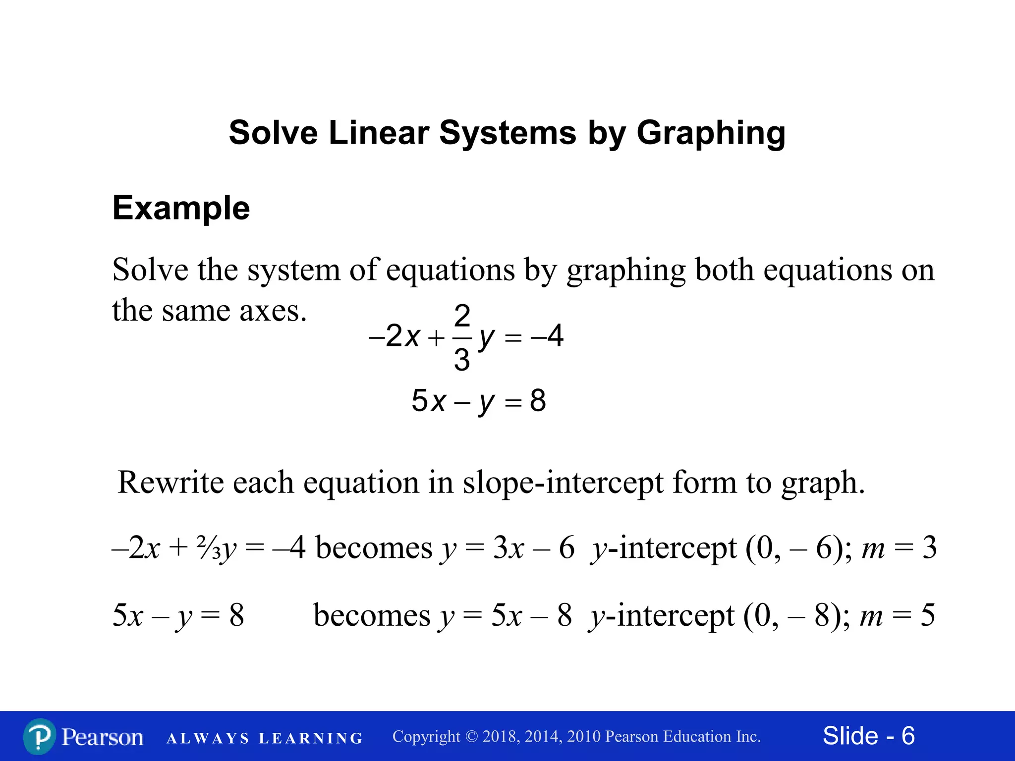 Slide - 6Copyright © 2018, 2014, 2010 Pearson Education Inc.A L W A Y S L E A R N I N G
Example
Solve the system of equations by graphing both equations on
the same axes.
Rewrite each equation in slope-intercept form to graph.
Solve Linear Systems by Graphing
–2x + ⅔y = –4 becomes y = 3x – 6 y-intercept (0, – 6); m = 3
5x – y = 8 becomes y = 5x – 8 y-intercept (0, – 8); m = 5
2
2 4
3
5 8
x y
x y
   
 
 