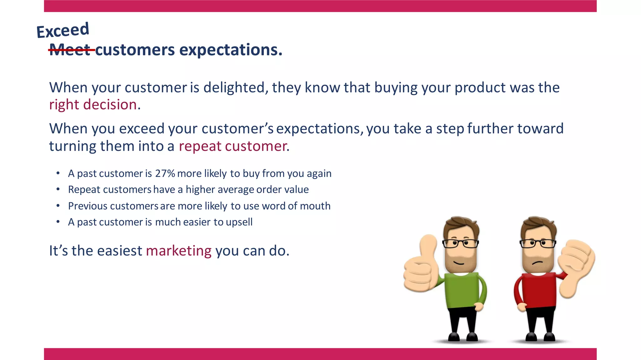Meet customers expectations.
When your customer is delighted, they know that buying your product was the
right decision.
When you exceed your customer’sexpectations,you take a step further toward
turning them into a repeat customer.
• A past customer is 27% more likely to buy from you again
• Repeat customershave a higher average order value
• Previous customersare more likely to use word of mouth
• A past customer is much easier to upsell
It’s the easiest marketing you can do.
 