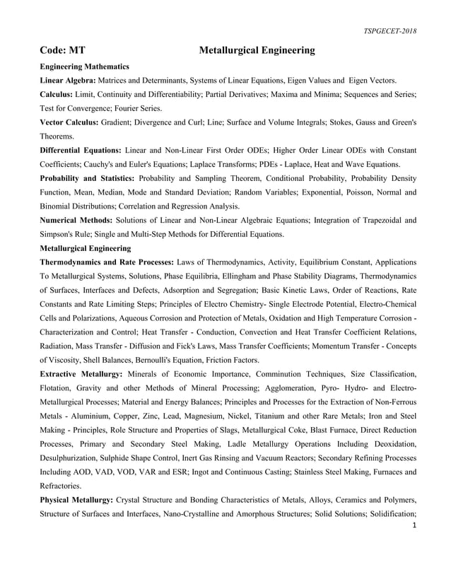 TS PGECET Metallurgy 2018 Syllabus | PDF