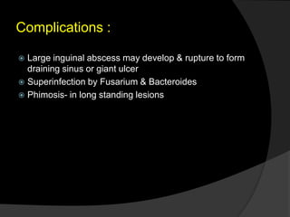 Complications :
 Large inguinal abscess may develop & rupture to form
draining sinus or giant ulcer
 Superinfection by Fusarium & Bacteroides
 Phimosis- in long standing lesions
 