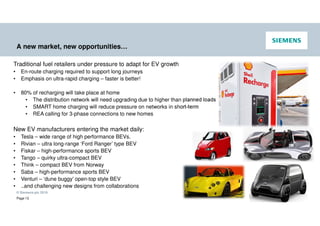 © Siemens plc 2019
Page 13 Nick Ebsworth / Jason Stonier
A new market, new opportunities…
Traditional fuel retailers under pressure to adapt for EV growth
• En-route charging required to support long journeys
• Emphasis on ultra-rapid charging – faster is better!
• 80% of recharging will take place at home
• The distribution network will need upgrading due to higher than planned loads
• SMART home charging will reduce pressure on networks in short-term
• REA calling for 3-phase connections to new homes
New EV manufacturers entering the market daily:
• Tesla – wide range of high performance BEVs.
• Rivian – ultra long-range ‘Ford Ranger’ type BEV
• Fiskar – high-performance sports BEV
• Tango – quirky ultra-compact BEV
• Think – compact BEV from Norway
• Saba – high-performance sports BEV
• Venturi – ‘dune buggy’ open-top style BEV
• ..and challenging new designs from collaborations
 