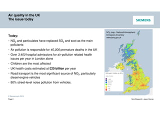 © Siemens plc 2019
Page 2 Nick Ebsworth / Jason Stonier
Air quality in the UK
The issue today
Today:
• NO2 and particulates have replaced SO2 and soot as the main
pollutants
• Air pollution is responsible for 40,000 premature deaths in the UK
• Over 3,400 hospital admissions for air-pollution related health
issues per year in London alone
• Children are the most affected
• UK health costs estimated at £20 billion per year
• Road transport is the most significant source of NO2, particularly
diesel-engine vehicles
• 80% street-level noise pollution from vehicles.
NO2 map - National Atmospheric
Emissions Inventory
www.beis.gov.uk
 