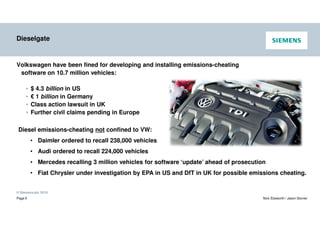 © Siemens plc 2019
Page 5 Nick Ebsworth / Jason Stonier
Dieselgate
Volkswagen have been fined for developing and installing emissions-cheating
software on 10.7 million vehicles:
• $ 4.3 billion in US
• € 1 billion in Germany
• Class action lawsuit in UK
• Further civil claims pending in Europe
Diesel emissions-cheating not confined to VW:
• Daimler ordered to recall 238,000 vehicles
• Audi ordered to recall 224,000 vehicles
• Mercedes recalling 3 million vehicles for software ‘update’ ahead of prosecution
• Fiat Chrysler under investigation by EPA in US and DfT in UK for possible emissions cheating.
 