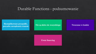 Skomplikowane przypadki,
potrzeba zarządzania stanem
Nie są dobre do wszystkiego
Event Sourcing
Tworzone w kodzie
 