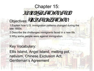Chapter 15:
IMMIGRATIONAND
URBANIZATIONObjectives:
1.Explain how U.S. immigration patterns changed during the
late 1800s.
2.Describe the challenges immigrants faced in a new life.
3.Why some people were against immigration.
Key Vocabulary:
Ellis Island, Angel Island, melting pot,
nativism, Chinese Exclusion Act,
Gentleman’s Agreement
 
