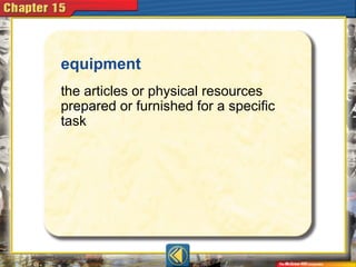 equipment
the articles or physical resources
prepared or furnished for a specific
task
 