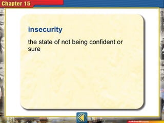 insecurity
the state of not being confident or
sure
 