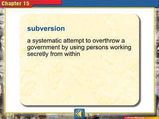 subversion
a systematic attempt to overthrow a
government by using persons working
secretly from within
 