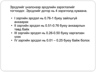 Ýðñäëèéã ¿íýëñíýýð ýðñäëèéí çýðýãëýëèéã
òîãòîîдог. Ýðñäëèéã äîòîð íü 4 çýðýãëýëä õóâààíà.
• I çýðãèéí ýðñäýë íü 0.76-1 áóþó çàéëøã¿é
àíõààðàõ
• II çýðãèéí ýðñäýë íü 0.51-0.76 áóþó àíõààðëûí
òºâä áàéõ
• III çýðãèéí ýðñäýë íü 0.26-0.50 áóþó õàðãàëçàí
¿çýõ
• IV çýðãèéí ýðñäýë íü 0.01 – 0.25 áóþó áàéæ áîëîõ
 