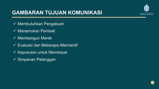 GAMBARAN TUJUAN KOMUNIKASI
 Membutuhkan Pengakuan
 Menemukan Pembeli
 Membangun Merek
 Evaluasi dari Beberapa Alternantif
 Keputusan untuk Membayar
 Simpanan Pelanggan
 