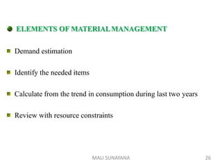 ELEMENTS OF MATERIALMANAGEMENT
Demand estimation
Identify the needed items
Calculate from the trend in consumption during last two years
Review with resource constraints
26
MALI SUNAYANA
 