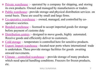 Private warehouse :- operated by a company for shipping, and storing
its own products. Owned and managed by manufacturers or traders
Public warehouse:- provide storage and physical distribution services on
rental basis. These are used by small and large firms.
Co-operative warehouse :- owned, managed, and controlled by co-
operative societies.
Bonded warehouse :- licensed to accept imported goods for storage
before payment of customs duty
Distribution centres :- designed to move goods, highly automated.
Receive goods and efficiently deliver to customers.
Cold storage :- temperature is controlled here for sensitive products.
Export/ Import warehouse :-located near ports where international trade
is undertaken. These provide storage facilities for goods awaiting
onward movements.
Climate – controlled warehouse :- provide storage of many products
which need special handling conditions. Freezers for frozen products,
etc.
7
MALI SUNAYANA
 