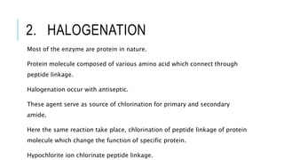 2. HALOGENATION
Most of the enzyme are protein in nature.
Protein molecule composed of various amino acid which connect through
peptide linkage.
Halogenation occur with antiseptic.
These agent serve as source of chlorination for primary and secondary
amide.
Here the same reaction take place, chlorination of peptide linkage of protein
molecule which change the function of specific protein.
Hypochlorite ion chlorinate peptide linkage.
 