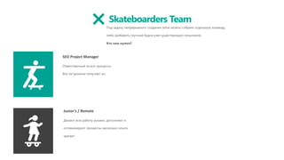 Junior’s / Remote
Делают всю работу руками, дополняют и
оптимизируют процессы насколько опыта
хватает.
SEO Project Manager
Ответственный за все процессы.
Все пи*дюлины получает он.
Skateboarders Team
Под задачу непрерывного создания сеток можно собрать отдельную команду,
либо разбавить скучные будни уже существующих сеошников.
Кто нам нужен?
 