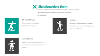 Junior’s / Remote
Делают всю работу руками, дополняют и
оптимизируют процессы насколько опыта
хватает.
SEO Project Manager
Ответственный за все процессы.
Все пи*дюлины получает он.
Developer
Для полного фукционирования и создания
сеток сайтов, нам нужен опытный девелопер,
скорее всего WP Senior
Skateboarders Team
Под задачу непрерывного создания сеток можно собрать отдельную команду,
либо разбавить скучные будни уже существующих сеошников.
Кто нам нужен?
 