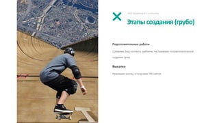 Этапысоздания(грубо)
SEO Skateboard Community
Подготовительные работы
Собираем базу контента, шаблоны, настраиваем полуавтоматическое
создание сетки
Выкатка
Нажимаем кнопку и получаем 100 сайтов
 