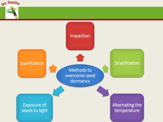 Methods to
overcome seed
dormancy
Impaction
Stratification
Alternating the
temperature
Exposure of
seeds to light
Scarification
 