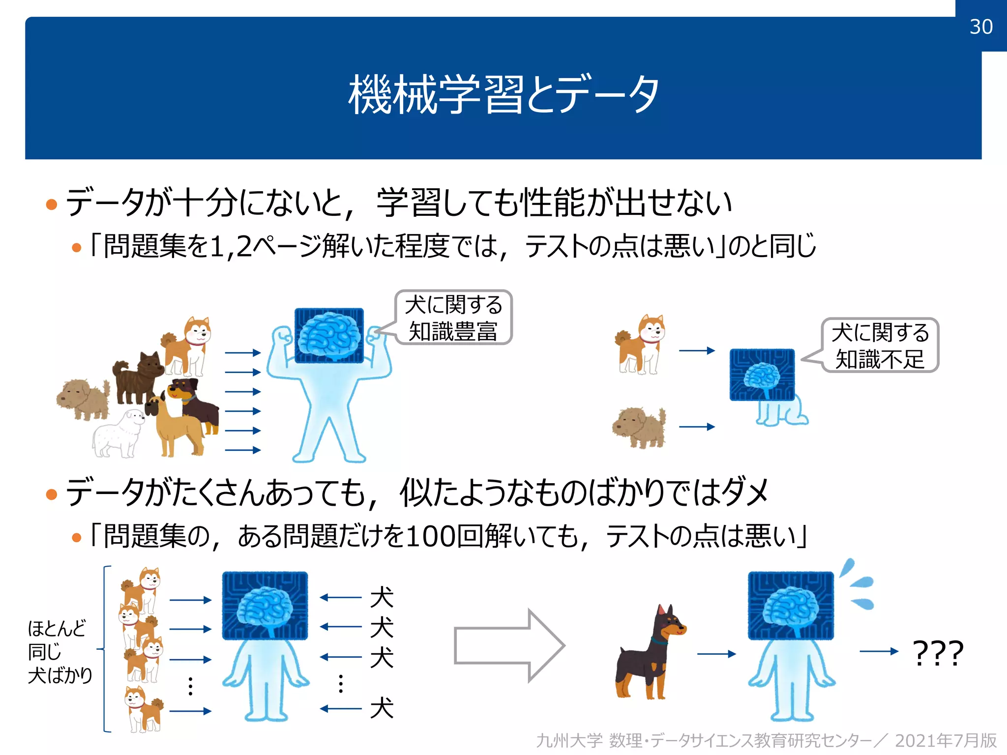 30
30
機械学習とデータ
 データが十分にないと，学習しても性能が出せない
 「問題集を1,2ページ解いた程度では，テストの点は悪い」のと同じ
 データがたくさんあっても，似たようなものばかりではダメ
 「問題集の，ある問題だけを100回解いても，テストの点は悪い」
九州大学 数理・データサイエンス教育研究センター／ 2021年7月版
???
犬
犬
犬
犬
⋮ ⋮
ほとんど
同じ
犬ばかり
犬に関する
知識豊富 犬に関する
知識不足
 