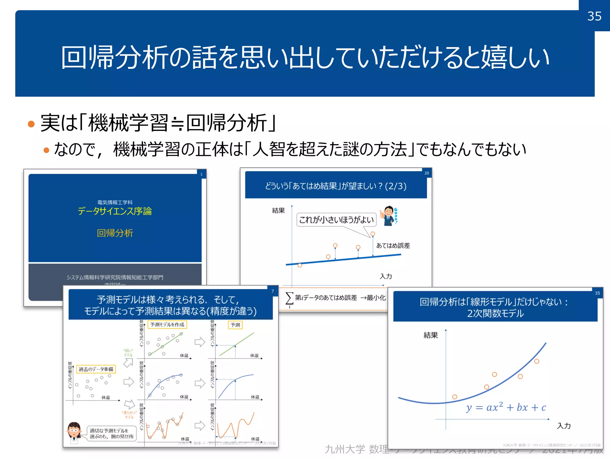 35
35
回帰分析の話を思い出していただけると嬉しい
 実は「機械学習≒回帰分析」
 なので，機械学習の正体は「人智を超えた謎の方法」でもなんでもない
九州大学 数理・データサイエンス教育研究センター／ 2021年7月版
 