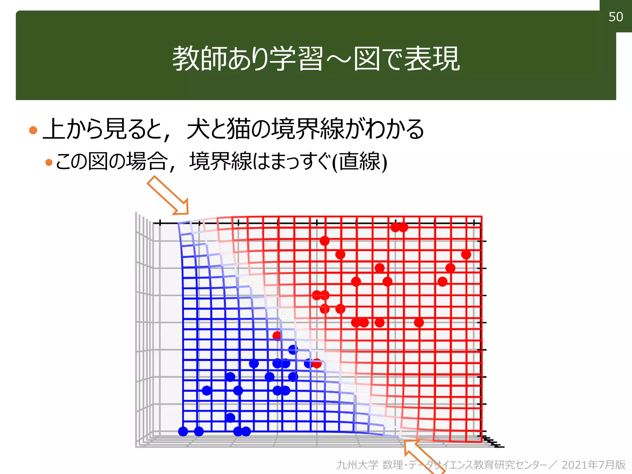 50
50
教師あり学習～図で表現
上から見ると，犬と猫の境界線がわかる
この図の場合，境界線はまっすぐ(直線)
九州大学 数理・データサイエンス教育研究センター／ 2021年7月版
 