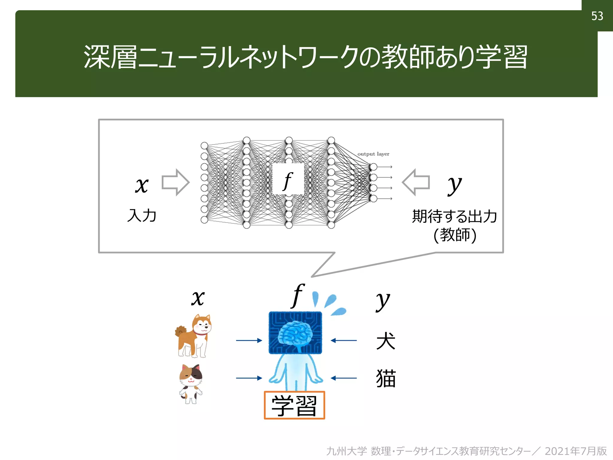 53
深層ニューラルネットワークの教師あり学習
九州大学 数理・データサイエンス教育研究センター／ 2021年7月版
犬
猫
𝑥 𝑦
𝑓
学習
𝑥 𝑓
入力
𝑦
期待する出力
(教師)
 