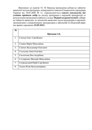 Відповідно до пунктів 53, 54 Порядку проведення добору на зайняття
вакантної посадипрокурора, затвердженого наказом Генера...