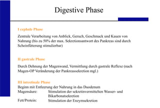 UKA Medizinische Klinik III RWTH Aachen
Magensäure:
Fett/Protein:
Stimulation der sekretinvermittelten Wasser- und
Bikarbonatsekretion
Stimulation der Enzymsekretion
Digestive Phase
I cephale Phase
Zentrale Verarbeitung von Anblick, Geruch, Geschmack und Kauen von
Nahrung (bis zu 50% der max. Sekretionsantwort des Pankreas sind durch
Scheinfütterung stimulierbar)
II gastrale Phase
Durch Dehnung der Magenwand, Vermittlung durch gastrale Reflexe (nach
Magen-OP Veränderung der Pankreassekretion mgl.)
III intestinale Phase
Beginn mit Entleerung der Nahrung in das Duodenum
 