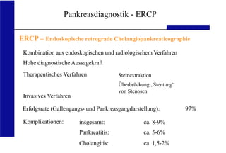 UKA Medizinische Klinik III RWTH Aachen
Pankreasdiagnostik - ERCP
ERCP – Endoskopische retrograde Cholangiopankreaticographie
Kombination aus endoskopischen und radiologischem Verfahren
Hohe diagnostische Aussagekraft
Therapeutisches Verfahren
Invasives Verfahren
Steinextraktion
Überbrückung „Stentung“
von Stenosen
Erfolgsrate (Gallengangs- und Pankreasgangdarstellung): 97%
Komplikationen: insgesamt:
Pankreatitis:
Cholangitis:
ca. 8-9%
ca. 5-6%
ca. 1,5-2%
 