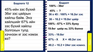 45%-ийн зэс бүхий
36кг зэс цайрын
хайлш байв. Энэ
хайлшийг 67% ийн
зэс бүхий хайлш
болгохын тулд
хэчнээн кг зэс нэмэх
вэ?
100% - 36кг
45% - ?
100% - 67% = 33% буюу
19.8кг цайр нь 33% болно
.
Бодлого 12 Бодолт
36 х 45 : 100% = 16.2кг зэс
36 – 16.2 = 19.8кг цайр
33% - 19.8кг
67% - Х Х = 40.2кг зэс
40.2 – 16.2 = 24кг зэс нэмнэ.
 