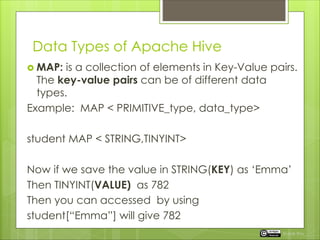 Data Types of Apache Hive
 MAP: is a collection of elements in Key-Value pairs.
The key-value pairs can be of different data
types.
Example: MAP < PRIMITIVE_type, data_type>
student MAP < STRING,TINYINT>
Now if we save the value in STRING(KEY) as ‘Emma’
Then TINYINT(VALUE) as 782
Then you can accessed by using
student[“Emma”] will give 782
Rupak Roy
 
