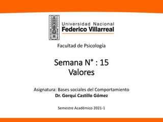 Semana N° : 15
Valores
Asignatura: Bases sociales del Comportamiento
Dr. Gorqui Castillo Gómez
Facultad de Psicología
Semestre Académico 2021-1
 