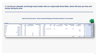 3. List all your domestic and foreign share trades with our ready-made Excel table, which will save you time and
money during tax time.
33
Open the Excel document “Share Investment Strategy and Portfolio_Example” for more details
 