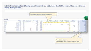 3. List all your domestic and foreign share trades with our ready-made Excel table, which will save you time and
money during tax time.
35
Fill in this part only when you sell your position
The total realized profit is:
Realized Capital Gain + Dividend Received - Fees
 