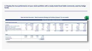 4. Display the true performance of your stock portfolio with a ready-made Excel table commonly used by hedge
funds.
36
Open the Excel document “Share Investment Strategy and Portfolio_Example” for more details
 