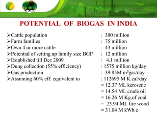 POTENTIAL OF BIOGAS IN INDIA
Cattle population : 300 million
Farm families : 75 million
Own 4 or more cattle : 43 million
Potential of setting up family size BGP : 12 million
Established till Dec 2009 : 4.1 million
Dung collection (55% efficiency) : 1575 million kg/day
Gas production : 39.85M m3gas/day
Assuming 60% eff. equivalent to : 112695 M K.cal/day
= 12.37 ML kerosene
= 14.54 ML crude oil
= 16.26 M Kg.of coal
= 23.94 ML fire wood
= 31.04 M kWh e
 