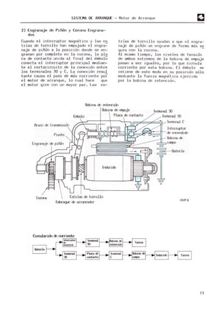 SISTEMA DE ARRANQOC - Motor de Arranque
Z) Engranaje de Piñon y Corona Engrana-
dos
Cuando el i nterruptor magn~tico y l as es
trias de torni llo han empuj ado e l engra-
naj e de pi ñon a l a posicion donde se en-
granan por complet o en la corona, l a pla
ca de contacto unida al final del ~mbolo
conecta el interruptor pri ncipal m
edian-
te el cortocircuito de l a conexion entre
los terminal es 3D y C. La conexion resul
tante causa el paso de m
as corriente por
e l m
otor de arranque, l o cual hace que
el m
otor gire con un m
ayor par. Las es-
trias de torni llo ayudan a que e l engra-
naje de piñon se engrane de forma mas se
gura con l a corona .
Al m
ism
o tiem
po, los nivel es de tenslon
de ambos extremos de l a bobina de empuje
pasan a ser igu al~s, por l o que circul a
corriente por esta bobina. El ~ mbo lo se
retiene de este m
odo en su posicion solo
mediante la fuerza magn~tica ej ercida
por la bobina de retencion.
800ina re retencim
800ina re empuje Terminal 30
Brazo re transmisicin
Terminal 50
T
erminal C
Interruptor
Pivote bJjJt¡rj~~~:S~~~~~~*- re ercerdido
==T1 800ina re
campo
Engranaje re piñOn
=
~Bateria
=
Ind..cido
Embrague re arrancador
OHP8
11
 