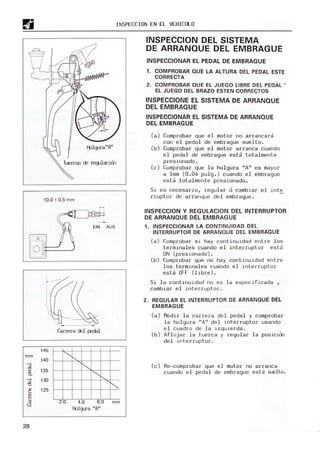 mm
.....
fl
1l..
.....
-8
:o
'-<
~
'-<
el
28
INSPECCION EN EL V
EHICULO
T
uercas cE regJlocion
10.0 ± 0.5 mm
-L
EIN AUS
~I----I
Carrera cEl [)'lelal
145
~
140 "-
""
135
~
130 "-
125
'"
2.0 4.0 6.0 mm
~lg.Jra ITA"
INSPECCION DEL SISTEMA
DE ARRANQUE DEL EMBRAGUE
INSPECCIONAR EL PEDAL DE EMBRAGUE
1. COMPROBAR QUE LA ALTURA DEL PEDAL ESTE
CORRECTA
2. COMPROBAR QUE El JUEGO LIBRE DEL PEDAL'
EL JUEGO DEL BRAZO ESTEN CORRECTOS
INSPECCIONE EL SISTEMA DE ARRANQUE
DEL EMBRAGUE
INSPECCIONAR EL SISTEMA DE ARRANQUE
DEL EMBRAGUE
(a) Comprobar que el m
otor no ar rancara
con el pedal de embrague s ue lto.
(b) Com
probar que el m
ot or arranca cuando
e l pedal de embrague est a t otalmente
presionado.
(c ) Comprobar que l a hol gura "A" es m
ayor
a lmm (0 .04 pulg,) cuando e l em
brague
está t otalmente presionado .
Si es necesario, regul ar o cambiar el i nte
r r uptor de arranque del emb rague .
INSPECCION y REGULACION DEL INTERRUPTOR
DE ARRANQUE DEL EMBRAGUE
1. INSPECCIONAR LA CONTINUIDAD DEL
INTERRUPTOR DE ARRANQUE DEL EMBRAGUE
(a) Com
probar si hay cont i nui dad entre l os
terminal es cuando e l i nt erruptor est a
ON (presionado ) .
(b) Comprobar que no hay conti nuidad entre
l os termi nal es cuando el interruptor
esta OFF ( l ibre) .
Si l a continuidad '1 0 es l a especi f icada ,
cam
biar el i nt e rruptor .
2. REGULAR EL INTERRUPTOR DE ARRANQUE DEL
EMBRAGUE
(a) Medir l a carrera del peda l y comprobar
la hol gura "A" del i nterruptor usando
el cuadro de la izqUierda.
(b ) Afloj ar l a tuerca y regular la posiciul
de l i'lte rruptor .
(e) Re-comprobar que el m
otor no arra nca
cuando e l peda l de embrague esta suelto.
 