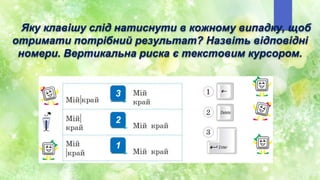 Яку клавішу слід натиснути в кожному випадку, щоб
отримати потрібний результат? Назвіть відповідні
номери. Вертикальна риска є текстовим курсором.
3
2
1
 