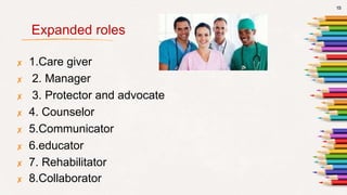 Expanded roles
✘ 1.Care giver
✘ 2. Manager
✘ 3. Protector and advocate
✘ 4. Counselor
✘ 5.Communicator
✘ 6.educator
✘ 7. Rehabilitator
✘ 8.Collaborator
15
 