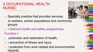 2.OCCUPATIONAL HEALTH
NURSE:
✘ Specialty practice that provides services
to workers, worker populations and community
groups.
✘ • Delivers health and safety programmes
Function •
✘ promotion and restoration of health,
✘ • prevention of illness and injury
✘ • protection from work related and environmental
hazards
17
 