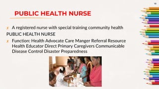 PUBLIC HEALTH NURSE
✘ A registered nurse with special training community health
PUBLIC HEALTH NURSE
✘ Function: Health Advocate Care Manger Referral Resource
Health Educator Direct Primary Caregivers Communicable
Disease Control Disaster Preparedness
18
 