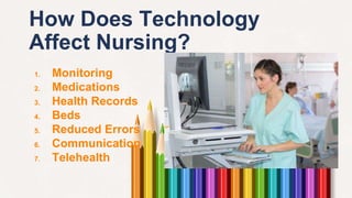 How Does Technology
Affect Nursing?
1. Monitoring
2. Medications
3. Health Records
4. Beds
5. Reduced Errors
6. Communication
7. Telehealth
 