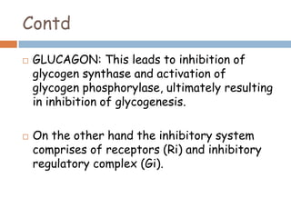 Contd
 GLUCAGON: This leads to inhibition of
glycogen synthase and activation of
glycogen phosphorylase, ultimately resulting
in inhibition of glycogenesis.
 On the other hand the inhibitory system
comprises of receptors (Ri) and inhibitory
regulatory complex (Gi).
 