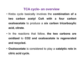 TCA cycle- an overview
• Krebs cycle basically involves the combination of a
two carbon acetyl CoA with a four carbon
oxaloacetate to produce a six carbon tricarboxylic
acid, citrate.
• In the reactions that follow, the two carbons are
oxidized to CO2 and oxaloacetate is regenerated
and recycled.
• Oxaloacetate is considered to play a catalytic role in
citric acid cycle.
 