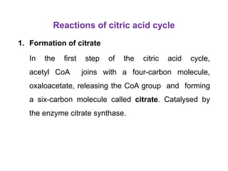 Reactions of citric acid cycle
1. Formation of citrate
In the first step of the citric acid cycle,
acetyl CoA joins with a four-carbon molecule,
oxaloacetate, releasing the CoA group and forming
a six-carbon molecule called citrate. Catalysed by
the enzyme citrate synthase.
 