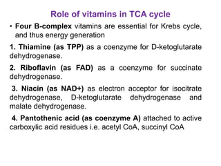 Role of vitamins in TCA cycle
• Four B-complex vitamins are essential for Krebs cycle,
and thus energy generation
1. Thiamine (as TPP) as a coenzyme for D-ketoglutarate
dehydrogenase.
2. Riboflavin (as FAD) as a coenzyme for succinate
dehydrogenase.
3. Niacin (as NAD+) as electron acceptor for isocitrate
dehydrogenase, D-ketoglutarate dehydrogenase and
malate dehydrogenase.
4. Pantothenic acid (as coenzyme A) attached to active
carboxylic acid residues i.e. acetyl CoA, succinyl CoA
 