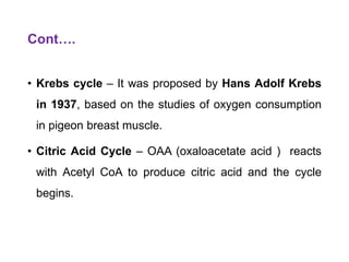 Cont….
• Krebs cycle – It was proposed by Hans Adolf Krebs
in 1937, based on the studies of oxygen consumption
in pigeon breast muscle.
• Citric Acid Cycle – OAA (oxaloacetate acid ) reacts
with Acetyl CoA to produce citric acid and the cycle
begins.
 